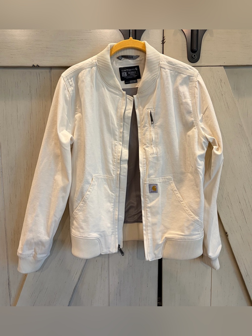 Carhartt Cream Crawford Bomber Jacket Size Small 4-6 Rugged Flex Relaxed Fit